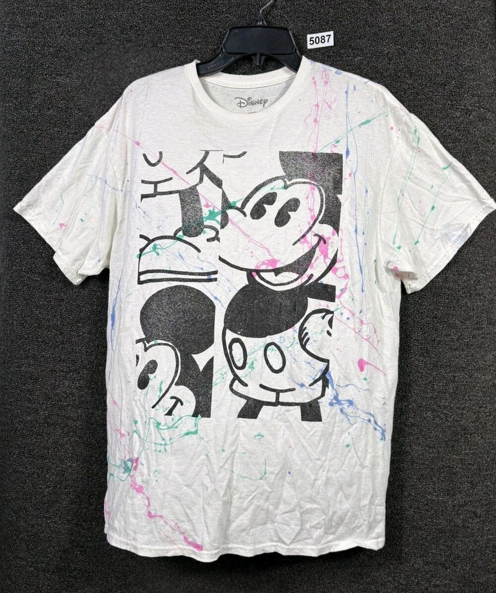 Disney Mickey Mouse Shirt Mens Large White Paint Splatter Graphic Tee Crewneck